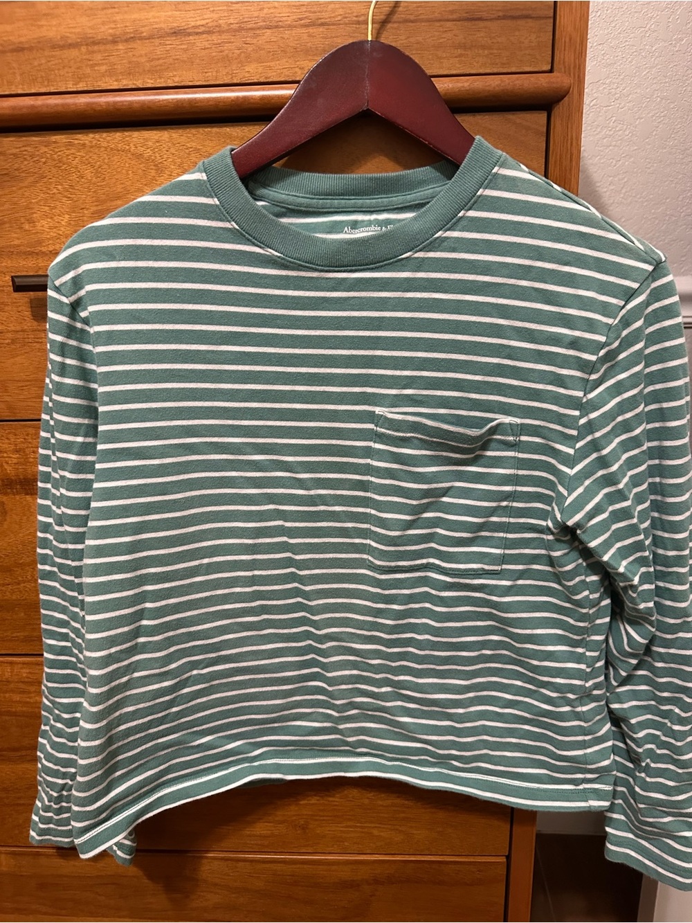 Abercrombie & Fitch Green and White Striped Long-Sleeve Pocket Tee